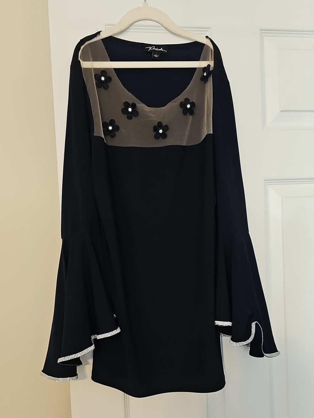 Akris Punto Black Long-Sleeve Blouse with Sheer Yoke and Floral Appliqués